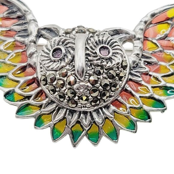 Handmade 925 Sterling Silver Plique Enamel Ruby Marcasite Brooch Owl in Flight - Picture 2 of 9